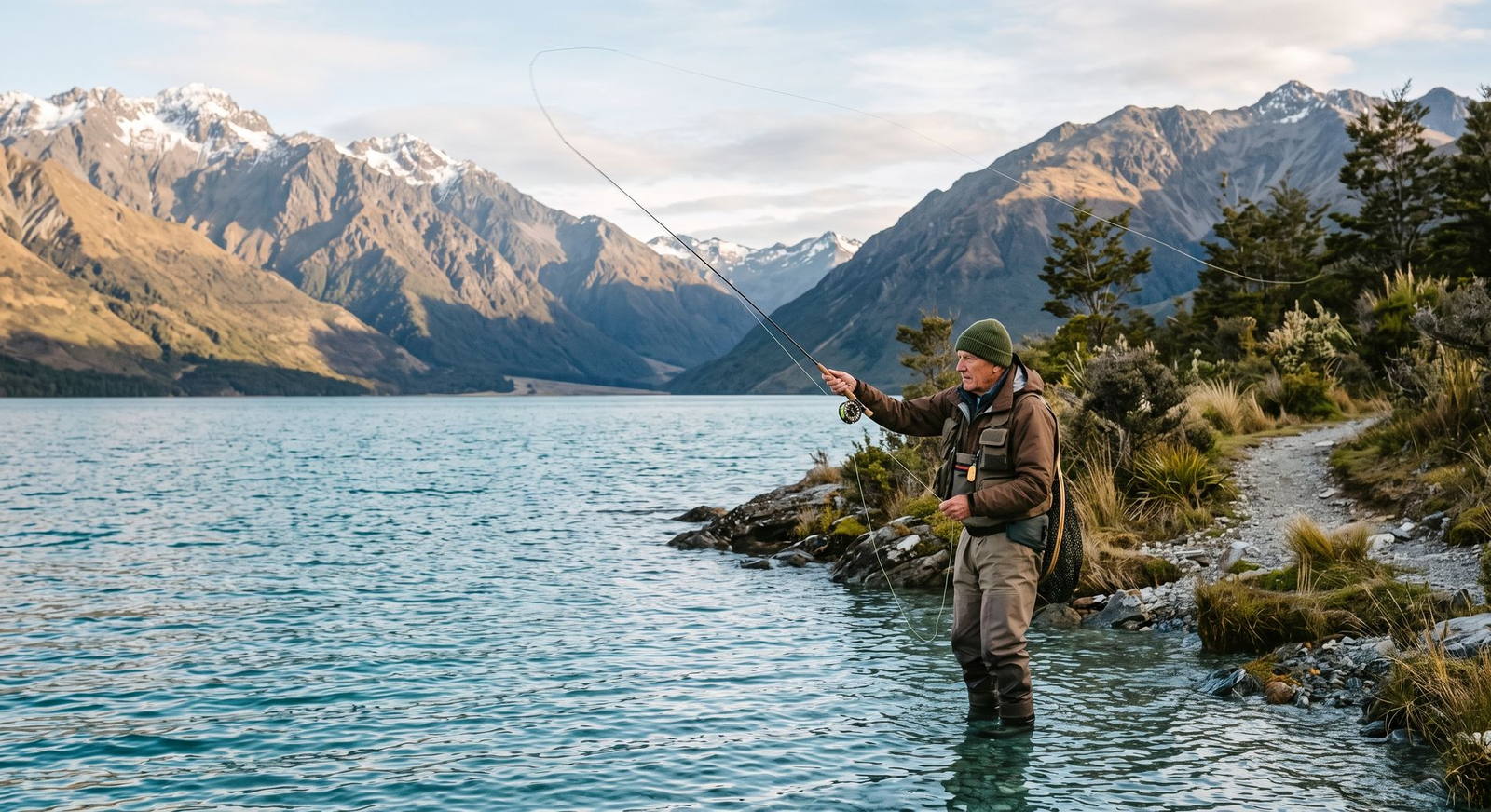 Angler fly fishing on a South Island lake